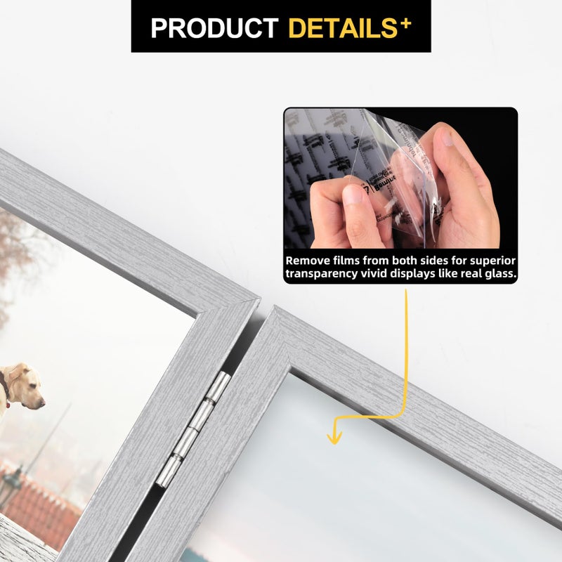 Forev 3.5x5 Double Picture Frame Wooden Hinged Photo Frame Definition Glass Stand Vertically on Desktop or Tabletop Silver - Image 4